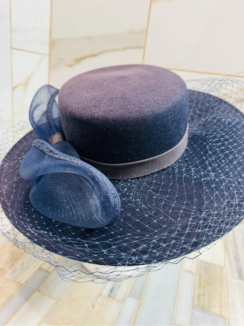 Vintage Bollman Hat Co USA Navy Doeskin Felt Wide Brim Veil Hat Sz 7 Wool